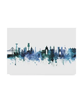 Michael Tompsett 'Lisbon Portugal Blue Teal Skyline' Canvas Art - 19" x 12"
