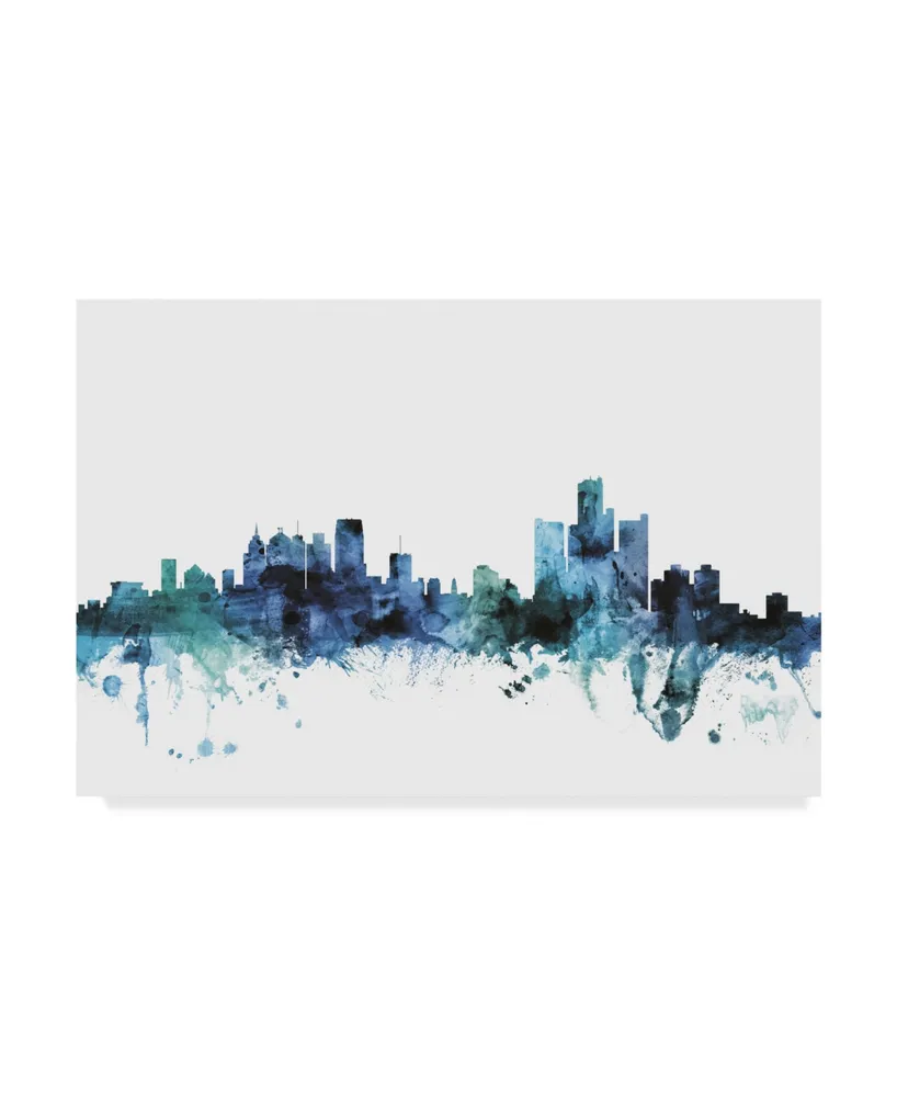 Michael Tompsett 'Detroit Michigan Blue Teal Skyline' Canvas Art - 32" x 22"