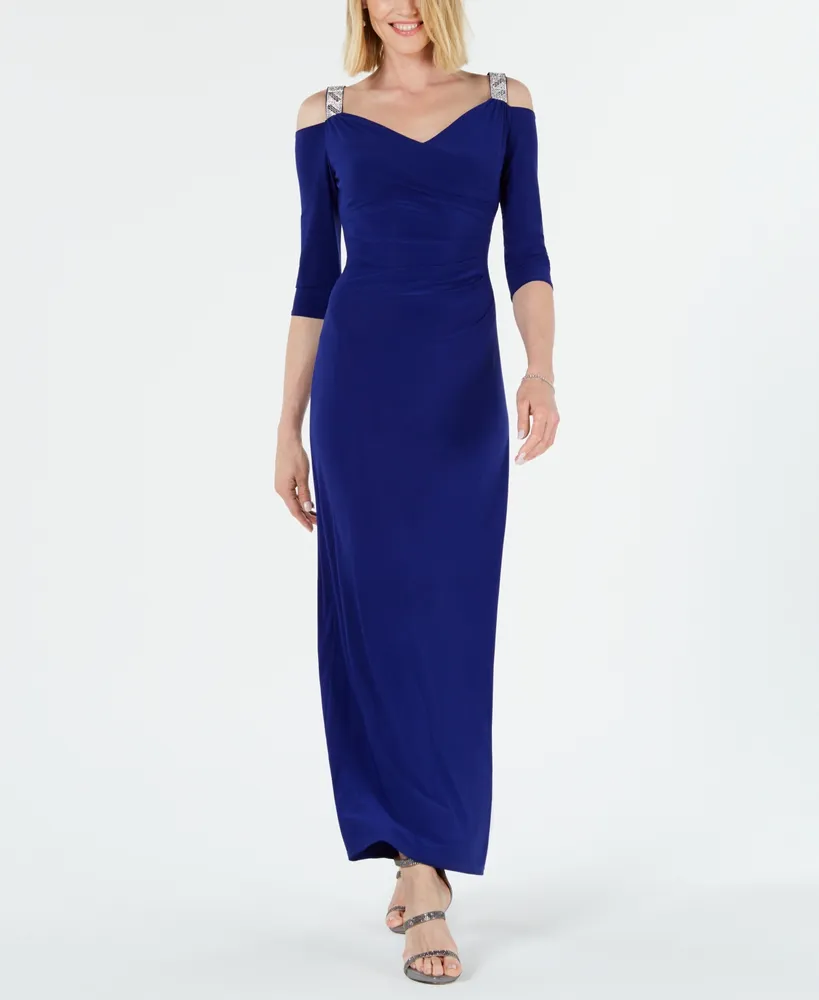 R & M Richards Embellished Cold-Shoulder Gown