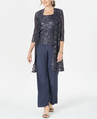 R & M Richards Petite 3-Pc. Sequined-Lace Jacket, Top Pants