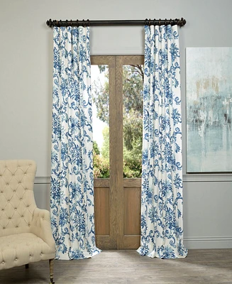 Half Price Drapes Indonesian Blue Floral Printed Cotton Room Darkening Curtain