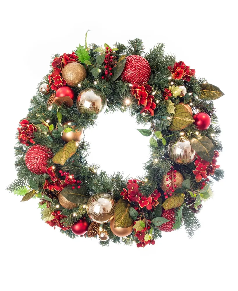 Village Lighting 30" Lighted Christmas Wreath, Scarlet Hydrangea