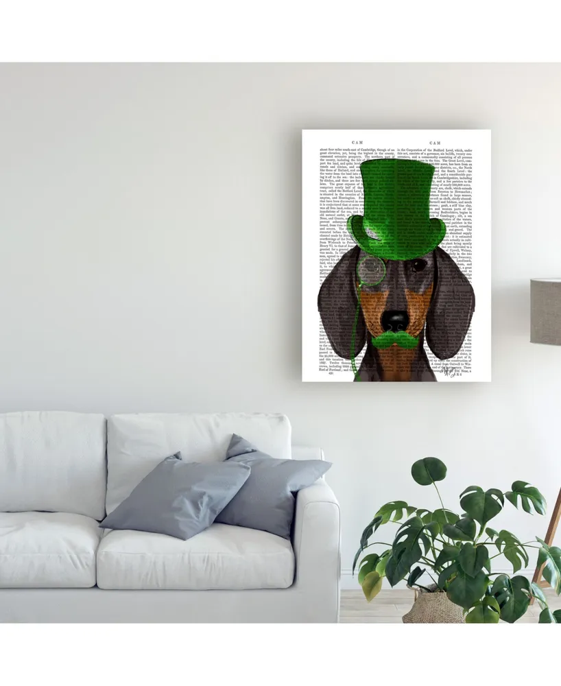 Fab Funky Dachshund with Green Top Hat, Black Tan Canvas Art