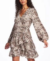 1.state Women's Long Sleeve Ruffled Snake-Print Wrap Dress