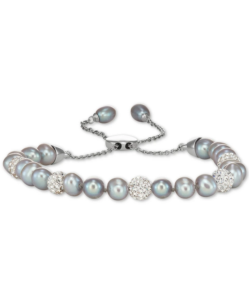 White Cultured Freshwater Pearl (6mm) & Crystals Bolo Bracelet in Sterling Silver