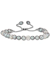 White Cultured Freshwater Pearl (6mm) & Crystals Bolo Bracelet Sterling Silver