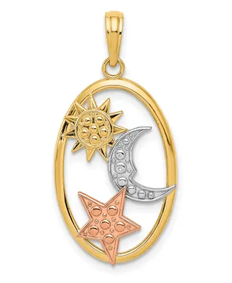 Sun, Moon and Star Oval Pendant in 14k Yellow, Rose Gold and Rhodium