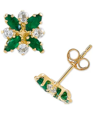 Emerald (3/4 ct. t.w.) & White Topaz (1/3 Flower Stud Earrings 10k Gold