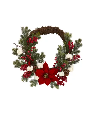 Nearly Natural 19" Poinsettia with Berries and Cotton Artificial Wreath
