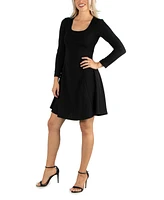 24seven Comfort Apparel Women's Simple Long Sleeve Knee Length Flared Dress