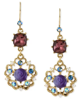 Betsey Johnson Antique Gold-Tone Flower Medallion Crystal Drop Earrings