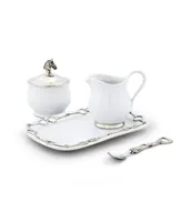 Vagabond House Stoneware Sugar and Creamer Set "Equestrian" with Tray and Solid Pewter Accents