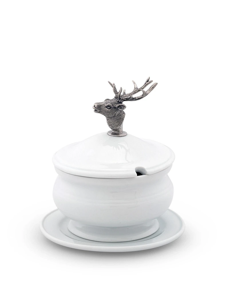 Vagabond House Lidded Porcelain Soup, Sauce, Gravy Bowl with Solid Pewter Elk Head Handle, Knob