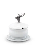 Vagabond House Lidded Porcelain Soup, Sauce, Gravy Bowl with Solid Pewter Elk Head Handle, Knob