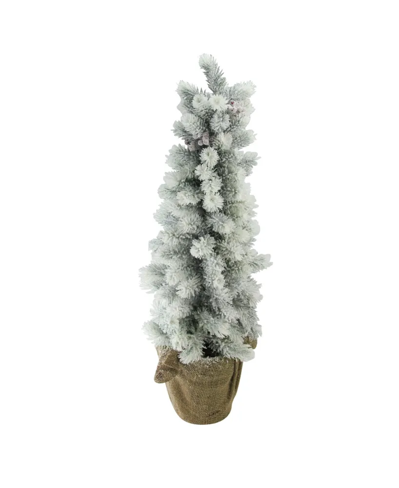 Northlight 28" Flocked Mini Pine Christmas Tree with Berries in Burlap Covered Vase