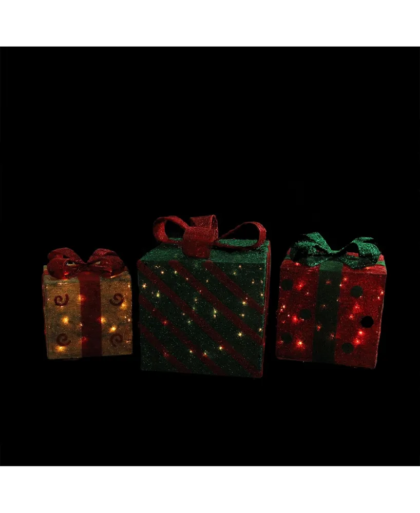 Northlight Set of 3 Lighted Sparkling Gold Green and Red Sisal Gift Boxes Christmas Outdoor Decorations