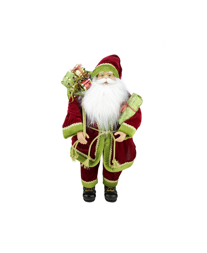 Northlight 24" Grand Imperial Red Green and Gold Standing Santa Claus Christmas Figure with Gift Bag