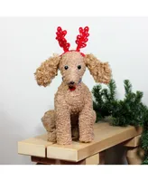 Northlight 14.5" Plush Tan Bichon FrisA Puppy Dog with Red Antlers Christmas Decoration