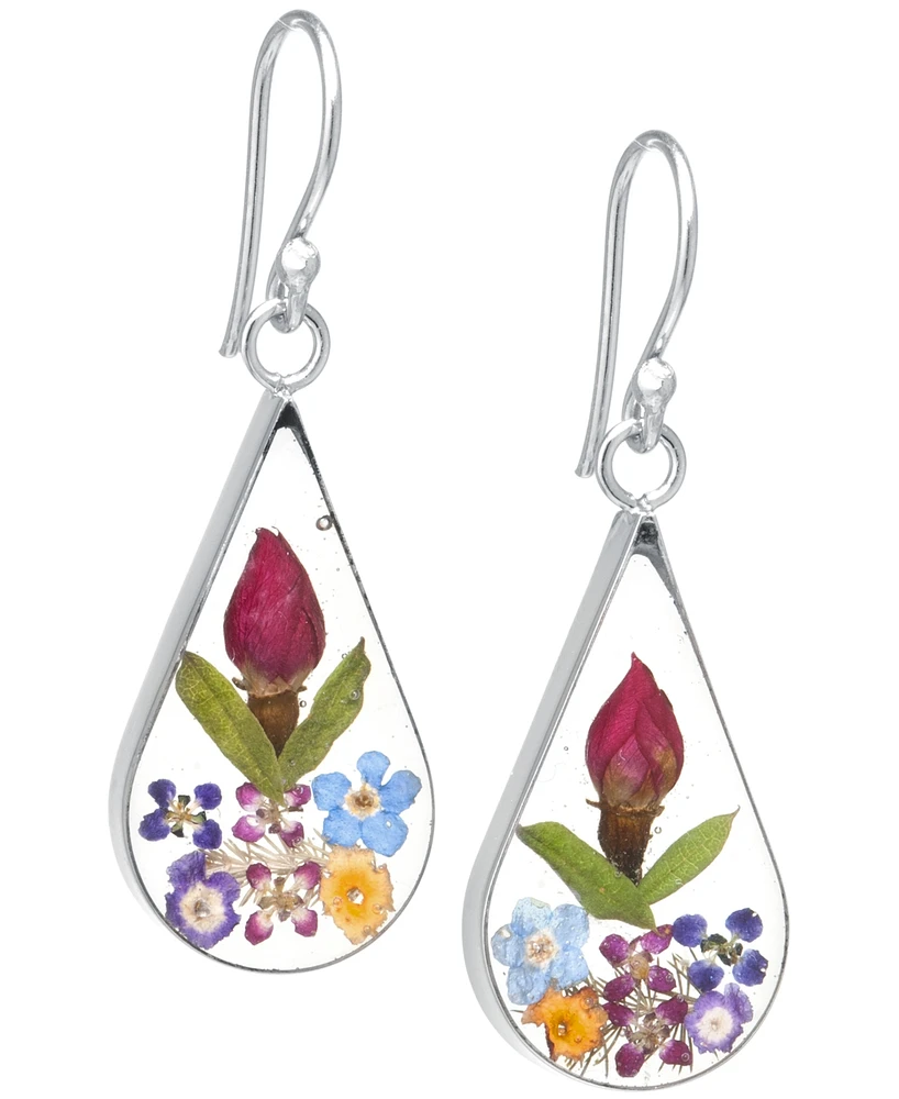 Medium Teardrop Dried Flower Earrings Sterling Silver. Available Multi, Blue, Yellow or Purple