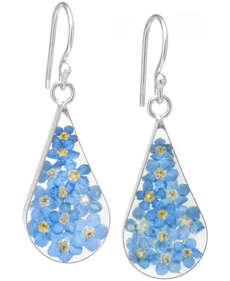 Medium Teardrop Dried Flower Earrings Sterling Silver. Available Multi, Blue, Yellow or Purple
