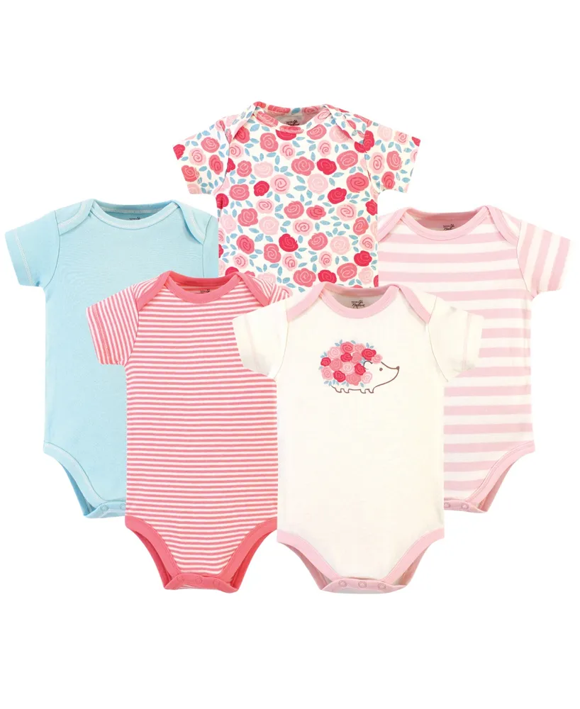 Touched by Nature Baby Girls Organic Cotton Bodysuits 5pk, Rosebud, 3-6 Months