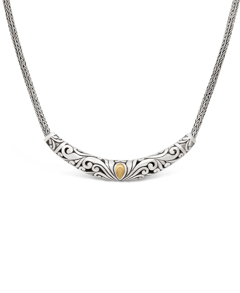 Devata Bali Filgree with Dragon Bone Chain Necklace in Sterling Silver with 18K Gold, 16 in adj to 18 in