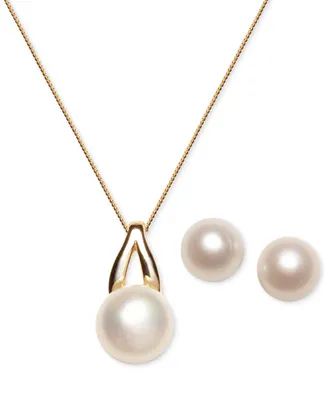 2-Pc. Set Cultured Freshwater Pearl (9-1/2 & 12-1/2mm) Pendant Necklace & Matching Stud Earrings Set in 18k Gold-Plated Sterling Silver