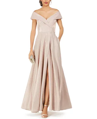 Xscape Women's Off-The-Shoulder Shimmer Wrap Style Gown