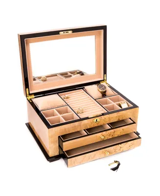 Bey-Berk Birdseye Maple 3 Level Jewelry Box with Gold tone Accents and Locking Lid