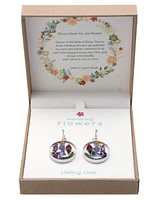 Medium Round Dried Flower Earrings in Sterling Silver. Available in Multi, Blue or Purple