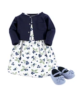 Hudson Baby Girls Cotton Dress, Cardigan and Shoe 3pc Set, Blueberries, 9-12 Months