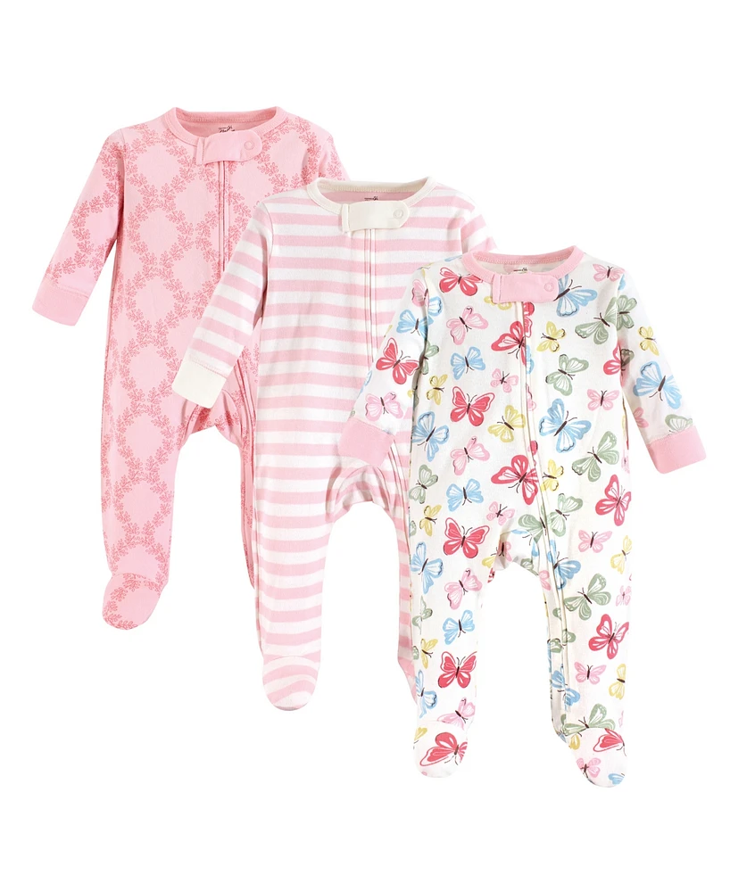 Touched by Nature Baby Girls Organic Cotton Zipper Sleep and Play 3pk, Butterflies, 0-3 Months