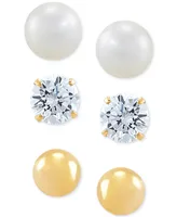 3-Pc. Set Cutured Freshwater Pearl (3-3/4mm), Cubic Zirconia & Polished Round Stud Earrings in 10k Gold