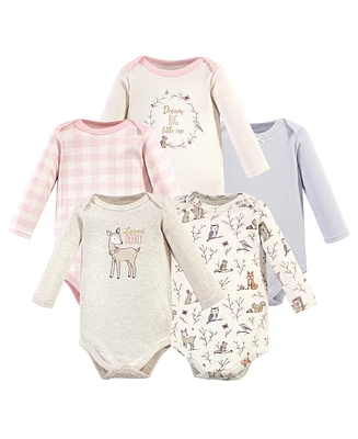 Hudson Baby Girls Cotton Long-Sleeve Bodysuits 5pk, Enchanted Forest, 6-9 Months