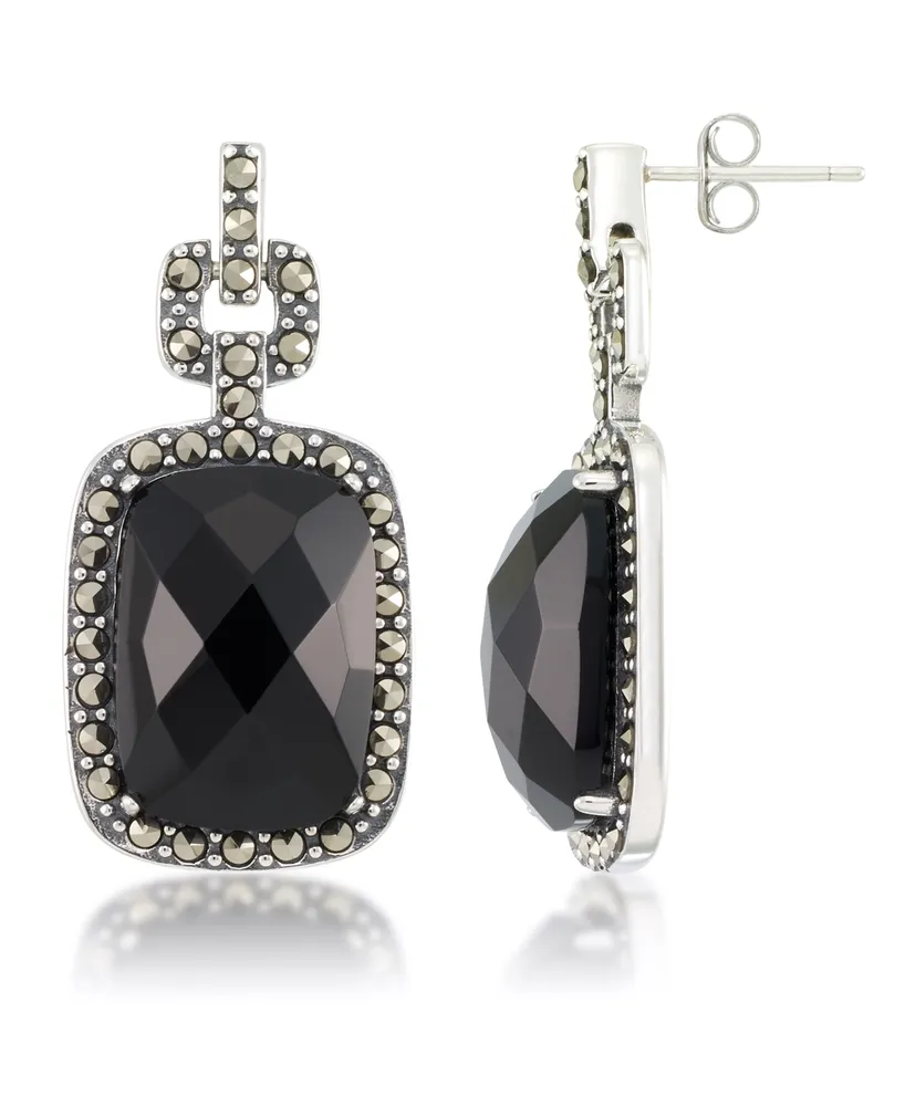 Marcasite and Faceted Onyx Square Post Earrings in Sterling Silver