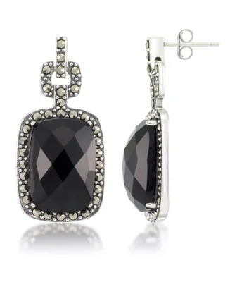 Marcasite and Faceted Onyx Square Post Earrings in Sterling Silver