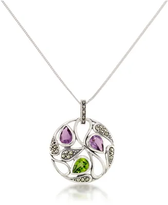 Marcasite and Amethyst ( 1-3/4 ct. tw.) and Peridot (2-5/8 ct. t.w.) Paisley Round Pendant +18" Chain in Sterling Silver - Purple