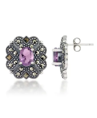 Marcasite and Amethyst (2-3/4 ct. t.w.) Flower Post Earrings in Sterling Silver