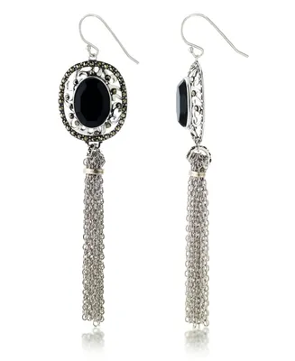 Marcasitre Faceted Onyx Tassel Wire Earrings in Sterling Silver