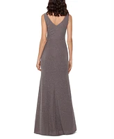 Betsy & Adam Women's Sleeveless Cascade-Front Glitter Gown