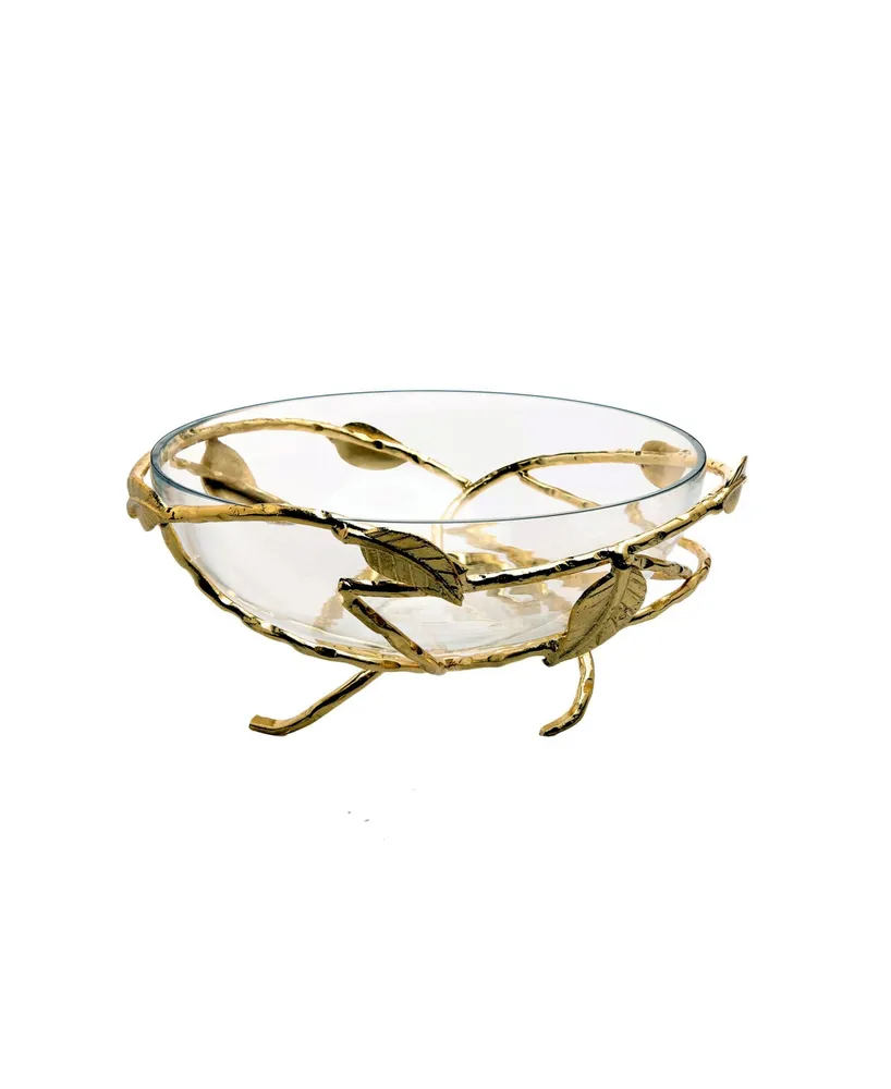 Classic Touch Hammered Glasses Salad Bowl with Gold-Tone Brass Leaf Decoration