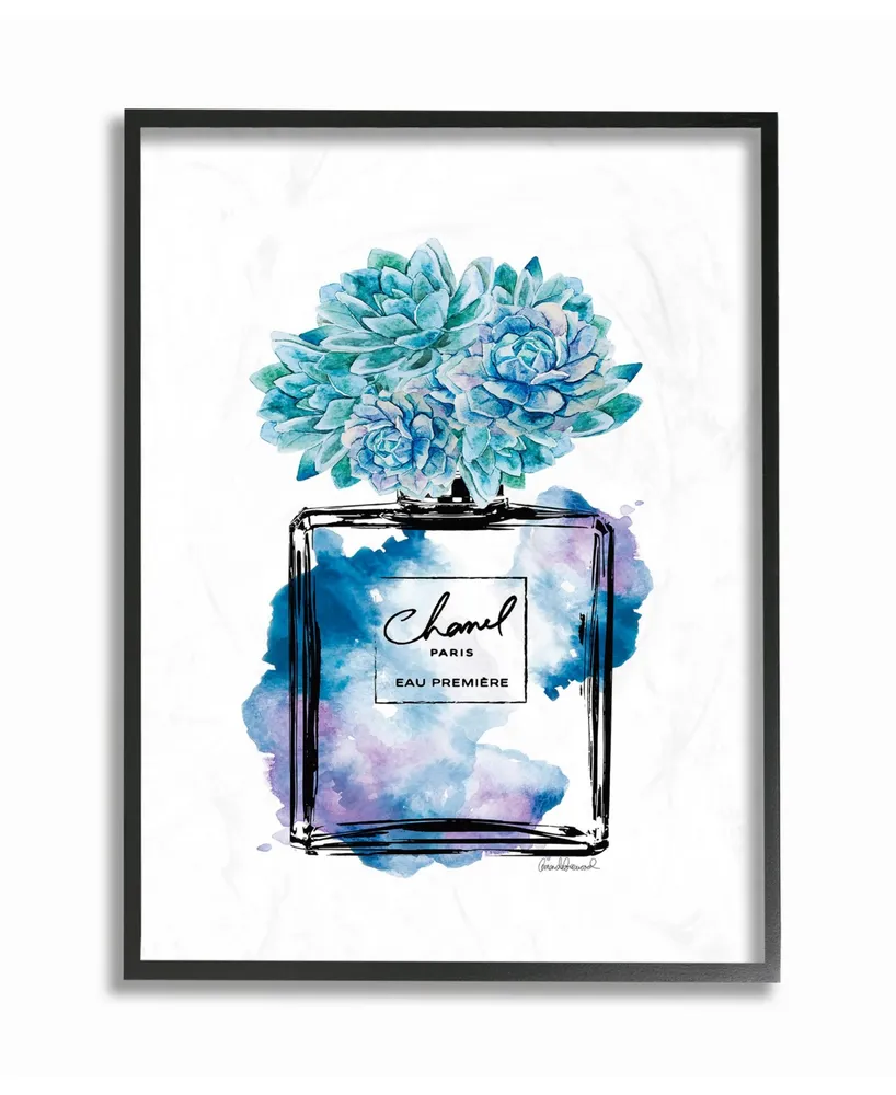 Stupell Industries Watercolor Fashion Perfume Bottle with Blue Flowers Framed Texturized Art, 11" L x 14" H