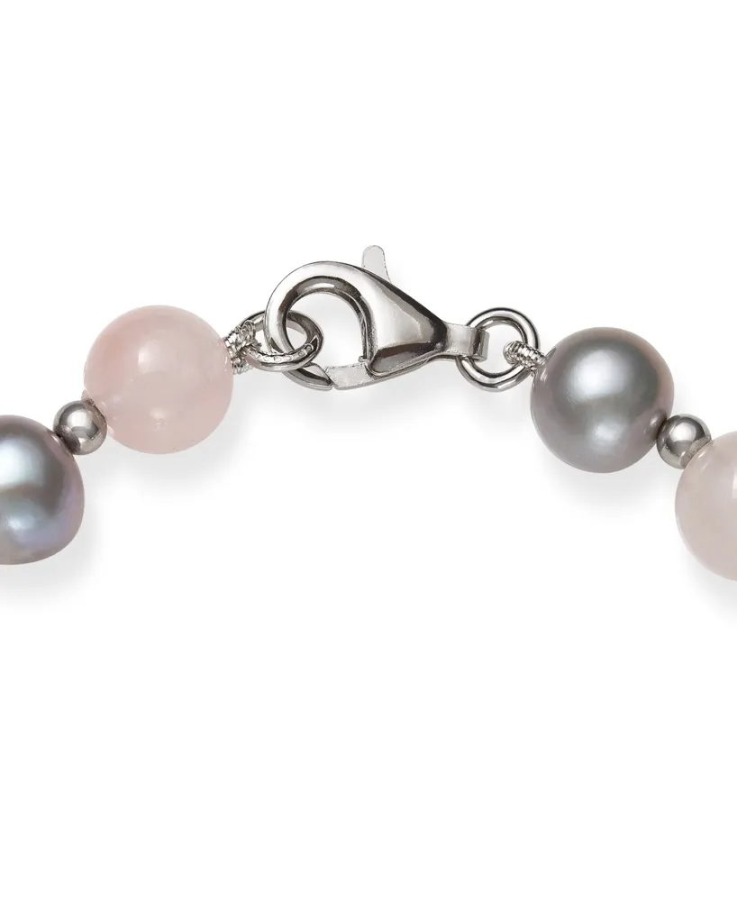 Gray Cultured Freshwater Pearl 7.5-8.5mm and Rose Quartz 8mm 18" Necklace with Sterling Silver Beads