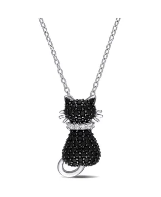 Black Spinel (2 1/3 ct. t.w.) and Lab Grown White Sapphire Accent Kitty Cat Necklace in Sterling Silver
