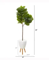 Nearly Natural 69in. Fiddle Leaf Artificial Tree in White Planter with Stand