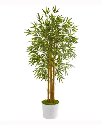 Nearly Natural 5ft. Bamboo Artificial Tree in White Tin Planter