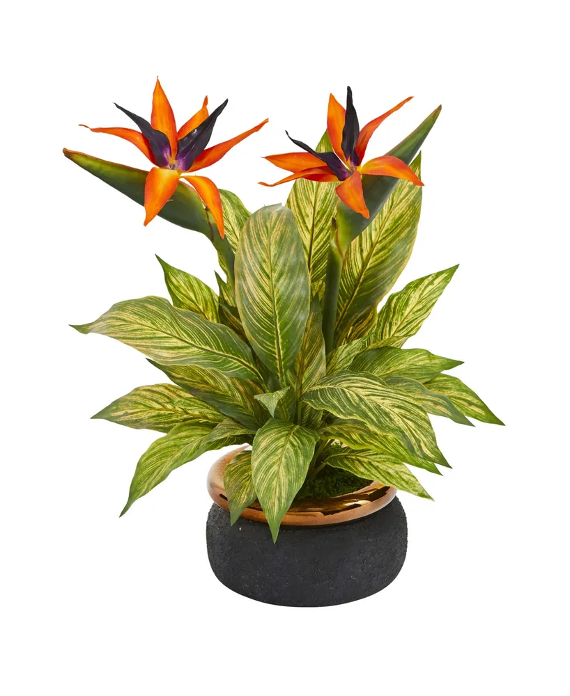 Nearly Natural 20in. Bird of Paradise and Musa Leaf Artificial Arrangement in Stoneware Bowl