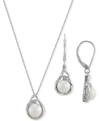 2-Pc. Set Cultured Freshwater Pearl (7 & 10mm) & Diamond (1/20 ct. t.w.) 18" Pendant Necklace & Matching Drop Earrings in Sterling Silver