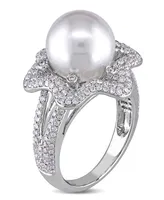 South Sea Cultured Pearl (10-10.5mm) and Diamond (1 ct. t.w.) Floral Halo Cocktail Ring 14k White Gold