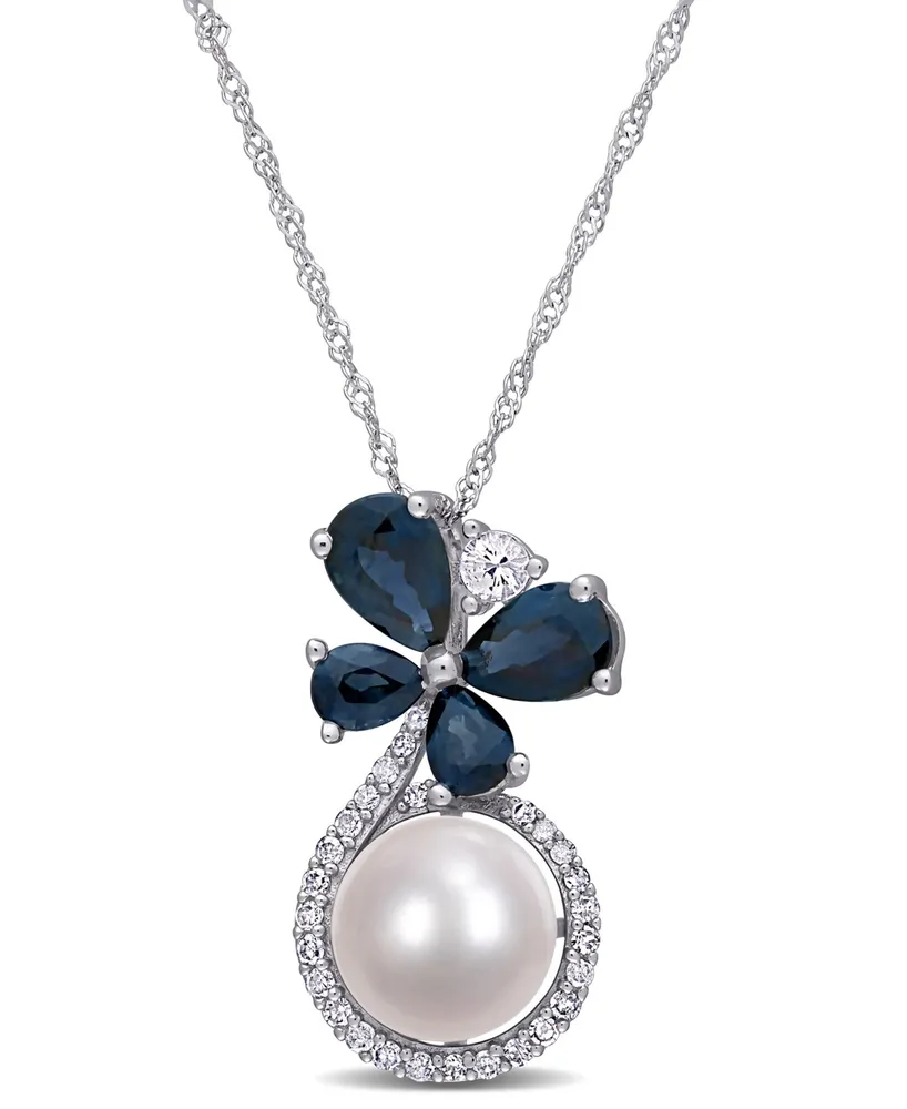 Freshwater Cultured Pearl (7.5-8mm), Sapphire (1 3/5 ct. t.w.) and Diamond (1/8 ct. t.w.) Butterfly 17" Necklace in 10k White Gold